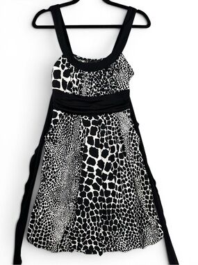 Grass Collection Animal Print Dress Med Black White Tie Waist Fit Flare Pockets